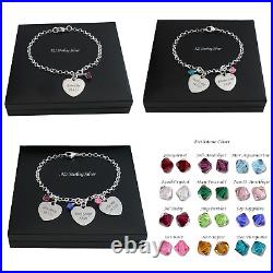 925 Silver Charm Bracelet with Childrens Names Engraved on Hearts & Birthstones