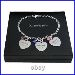 925 Silver Charm Bracelet with Childrens Names Engraved on Hearts & Birthstones