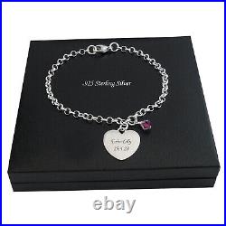 925 Silver Charm Bracelet with Childrens Names Engraved on Hearts & Birthstones