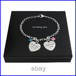 925 Silver Charm Bracelet with Childrens Names Engraved on Hearts & Birthstones