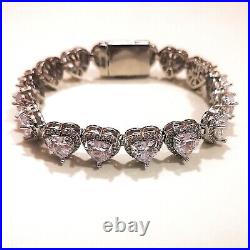 925 Silver Layered Ladies Sparkling Love Heart Charm Link Bracelet 7 Cz