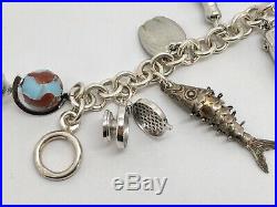 925 Sterling Silver 7.5 Charm Bracelet with 15 Various Charms (RF1075)