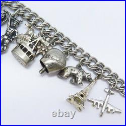 925 Sterling Silver Antique Assorted Charm Double Cable Link Bracelet 6 3/4