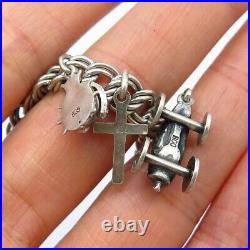 925 Sterling Silver Antique Assorted Charm Double Cable Link Bracelet 6 3/4