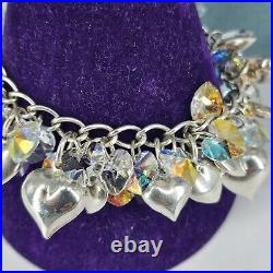 925 Sterling Silver Bracelet Crystal Heart Charm Chunky Statement 8 Long