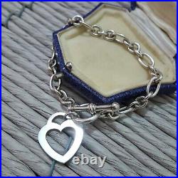 925 Sterling Silver Bracelet, Toggle Bracelet, Heart Charm, Hallmarked, 7.3