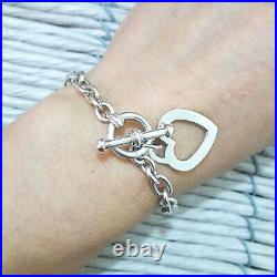 925 Sterling Silver Bracelet, Toggle Bracelet, Heart Charm, Hallmarked, 7.3