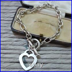 925 Sterling Silver Bracelet, Toggle Bracelet, Heart Charm, Hallmarked, 7.3