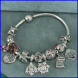 925 Sterling Silver Charm Bracelet Christmas Enamel 14 Charms Bangle Chamilia