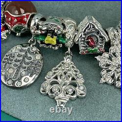 925 Sterling Silver Charm Bracelet Christmas Enamel 14 Charms Bangle Chamilia