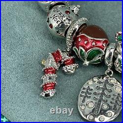 925 Sterling Silver Charm Bracelet Christmas Enamel 14 Charms Bangle Chamilia