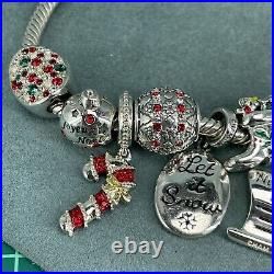 925 Sterling Silver Charm Bracelet Christmas Enamel 14 Charms Chamilia 20.5cm