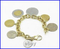 925 Sterling Silver Gold Plated Rolo Link Coin Charmed Chain Bracelet B5096