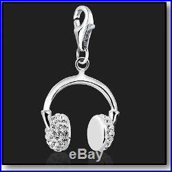 925 Sterling Silver Headphones Clip on Bracelet Charm Swarovski Crystal 3D White