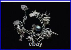 925 Sterling Silver Loaded Charm BRACELET with Heart Padlock. 56g. Vintage