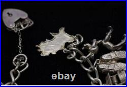 925 Sterling Silver Loaded Charm BRACELET with Heart Padlock. 56g. Vintage