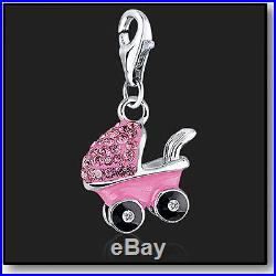 925 Sterling Silver Pink Baby Buggy clip on Bracelet Charm Swarovski Crystal 3D