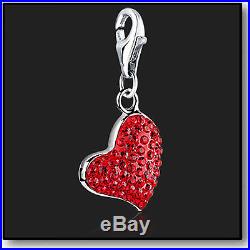 925 Sterling Silver Red Heart clip on Bracelet Charm Swarovski Crystal Charms 3D