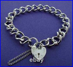 925 Sterling Silver Round Ladies Curb Chain Link Charm Bracelet Heart Padlock