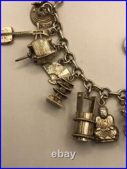 950 Silver 23 Charm Bracelet Asian Cart Abacus Pearl Temple Movable Parts 29.9g