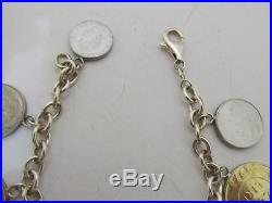 AUTHENTIC. 925 Sterling Silver Italian Lire Coin Charm Bracelet 8 Avg Wrist