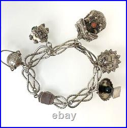 Antique 800 Silver Italian Etruscan Revival Gypsy Charm Bracelet Coral 7 1/4