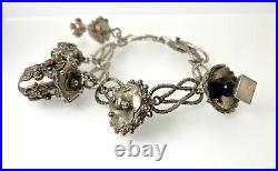 Antique 800 Silver Italian Etruscan Revival Gypsy Charm Bracelet Coral 7 1/4