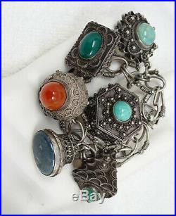 Antique 800 & Sterling Silver Etruscan Carnelian Jade Lapis 6 Charm Fob Bracelet