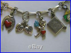 Antique Art Deco German 800 Silver & Enamel Heart Charm Bracelet with 20 Charms
