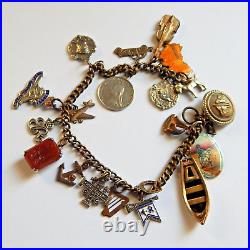 Antique Charm Bracelet Brass Link Chain with Sterling Silver 925 Charms