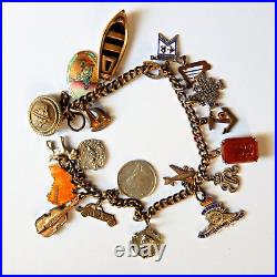 Antique Charm Bracelet Brass Link Chain with Sterling Silver 925 Charms