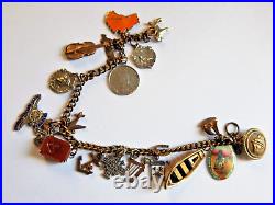 Antique Charm Bracelet Brass Link Chain with Sterling Silver 925 Charms