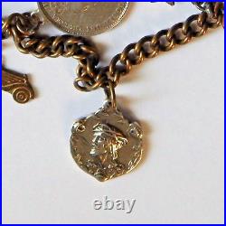 Antique Charm Bracelet Brass Link Chain with Sterling Silver 925 Charms