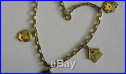 Antique Deco Silver Gilded Enamel Heart Charm Bracelet with 5 Sweetheart Charms