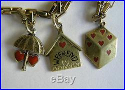 Antique Deco Silver Gilded Enamel Heart Charm Bracelet with 5 Sweetheart Charms