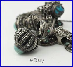 Antique Etruscan 800 silver turquoise chunky poison box charms bracelet Italy