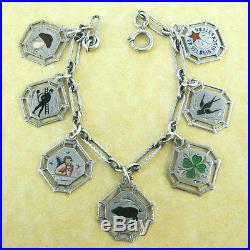 Antique German Silver Charm Bracelet 7 Lucky Enamel Charms Angel Clover Pig +