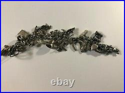 Antique Loaded WWII Sterling Silver Charm Bracelet 59 g with 28 Charms