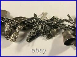Antique Loaded WWII Sterling Silver Charm Bracelet 59 g with 28 Charms