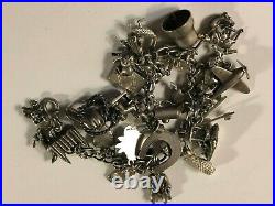 Antique Loaded WWII Sterling Silver Charm Bracelet 59 g with 28 Charms