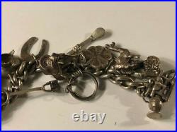 Antique Loaded Western Sterling Silver Charm Bracelet 60 g with 22 Charms