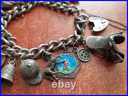 Antique Solid Silver Charm Bracelet 68g With 19 Charms, Many Horse Related