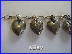 Antique Sterling/800 Silver Repousse Rosette PUFFY HEART Charm Bracelet 7.25