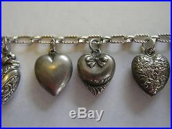 Antique Sterling/800 Silver Repousse Rosette PUFFY HEART Charm Bracelet 7.25