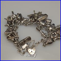 Antique Sterling Silver Charm Bracelet Lots Of Charms Vintage 69 Grams