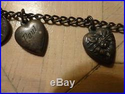 Antique Sterling Silver Heart Charm Bracelet with 9 Charms Bracelet 7 Long