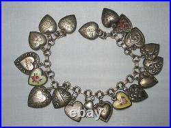 Antique Sterling silver Puffy Hearts Charm Bracelet 19 charms