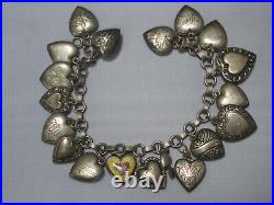 Antique Sterling silver Puffy Hearts Charm Bracelet 19 charms
