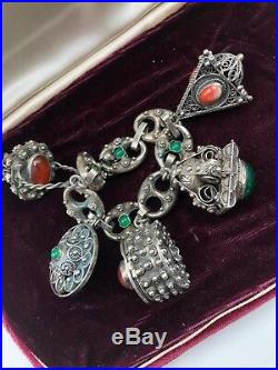 Antique VTG Art Nouveau Sterling 800 Silver Etruscan HUGE 5 Charm Bracelet Italy