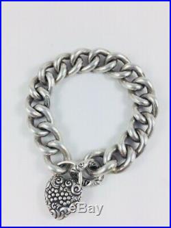 Antique Victorian Repousse Sterling Silver Puffy Heart Padlock Charm Bracelet